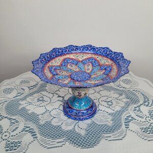 Traditional Persian Minakari Pedestal Plate Dish, Catchall, Trinket Dish, Accent
